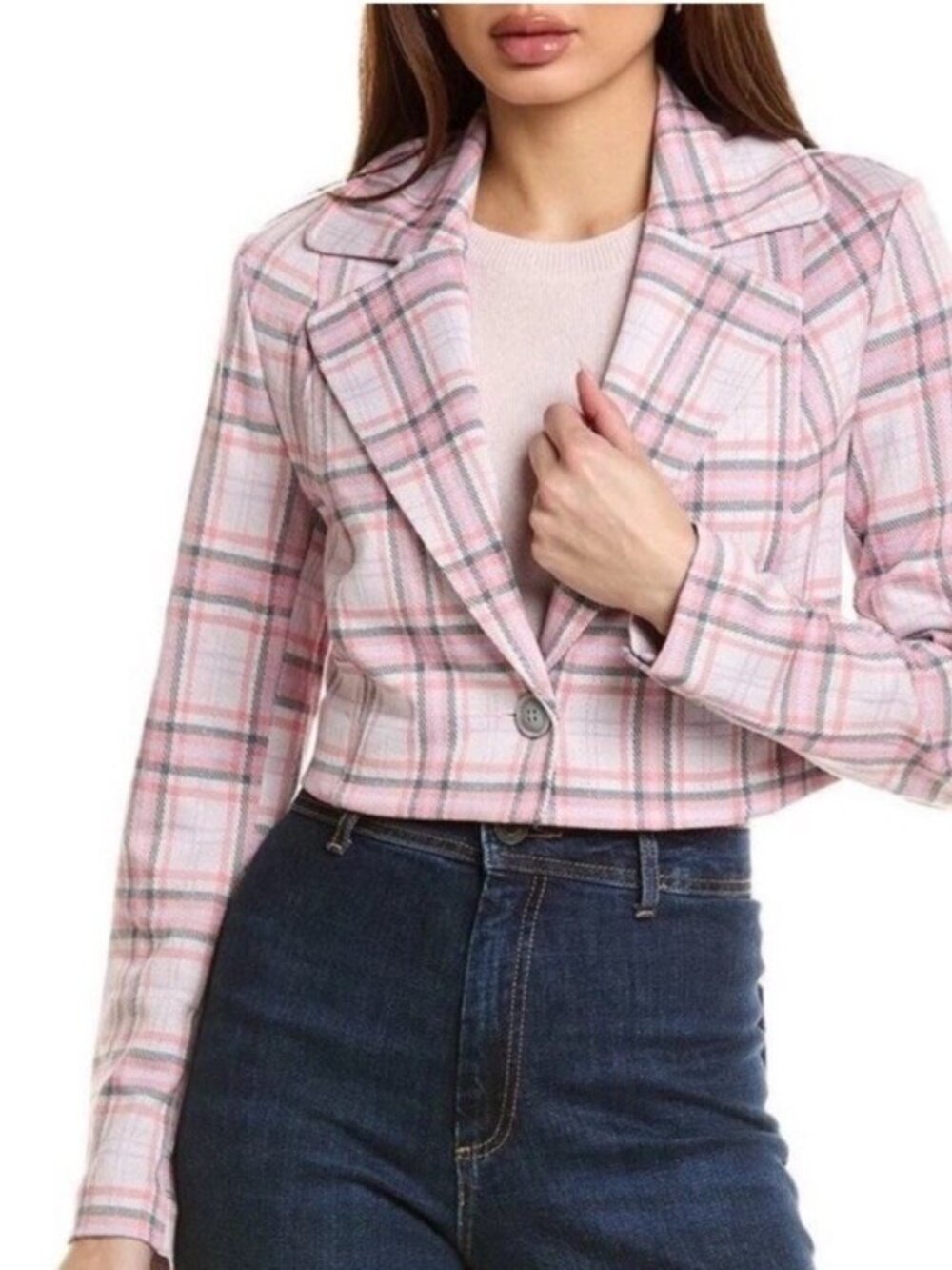 Cabi Playdate cropped ponte knit jacket plaid pink purple stretch gray new Small
